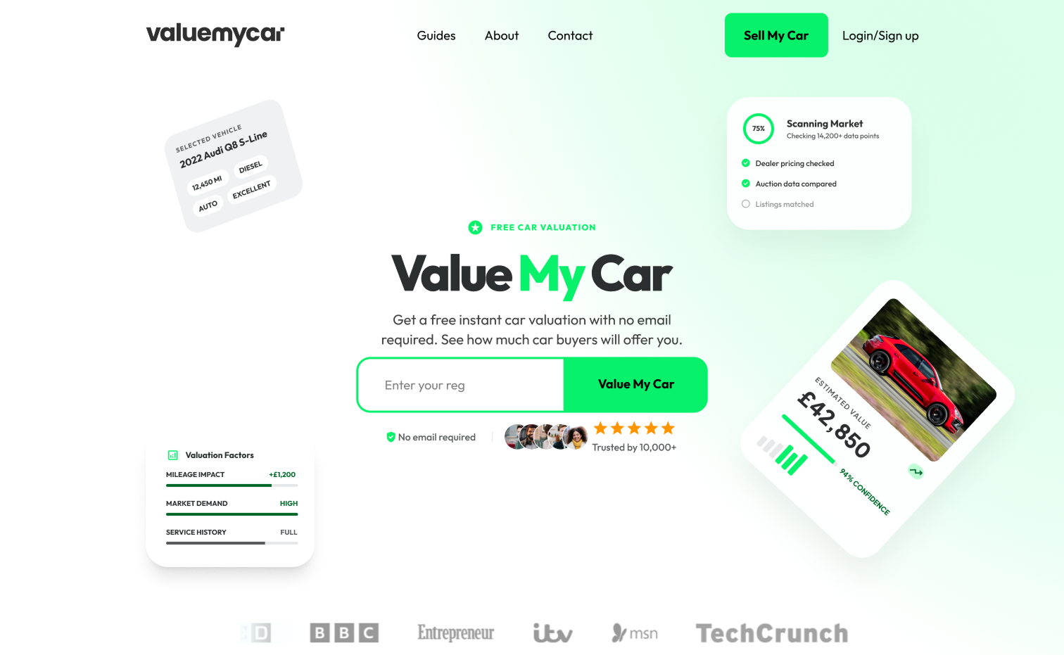 ValueMyCar landing page screenshot